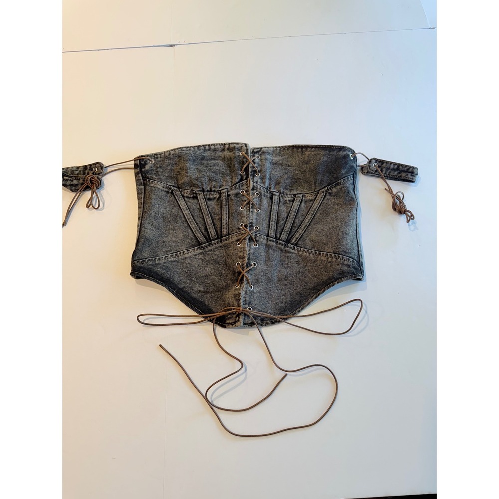 PrettyLittleThing Shape Acid Wash Denim Lace Up Corset Top Black Grey NWT 10